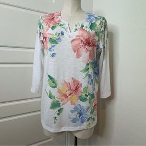 Alfred Dunner White Floral 3/4 Sleeve Top Gem Detail
